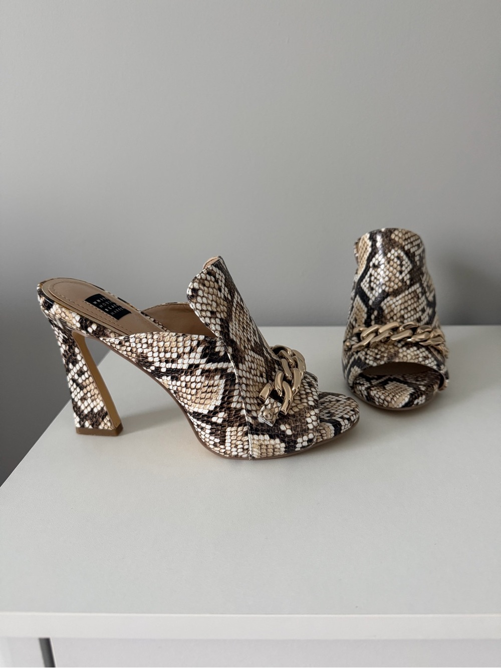 White House Black Market Snake-Print Chain-Accent High Heel Mules - Beige/Black